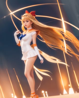 masterpiece, best quality, highres, sv1, sailor senshi uniform, orange skirt, elbow gloves, tiara, orange sailor collar, red bow, orange choker, white gloves, jewelry, full body, senset, wind, field, sexy, standing, underwear