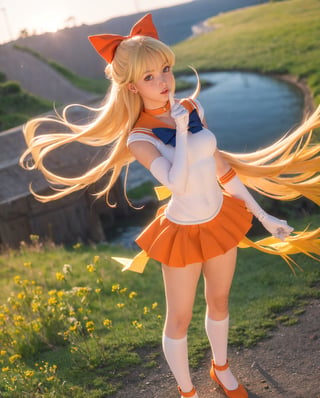 masterpiece, best quality, highres, sv1, sailor senshi uniform, orange skirt, elbow gloves, tiara, orange sailor collar, red bow, orange choker, white gloves, jewelry, full body, senset, wind, field, sexy, standing, underwear