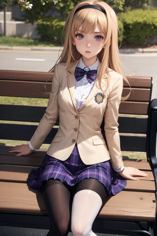 masterpiece, best quality, nishijounanami, hairband, bowtie, yellow blazer, plaid skirt, pantyhose, loafers, sitting, bench, flowers, spring, looking at viewer, surprised lora:nishijounanami-nvwls-v1-000009:0.9
