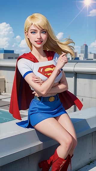 masterpiece, best quality, (realistic, highly detailed), model shoot of supergirl, blonde, [blue eyes], red cape, blue shirt, belt, blue skirt, red knee boot, cute smile, in a rooftop, wind, natural light, lens flare,  lora:supergirl:0.4
,Supergirl  