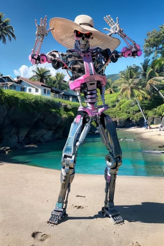 T800Endoskeleton, robot, ,skull face, chrome metal body, metal feet,  looking at camera, (wearing a large pink sunhat), sunglasses
standing, arm raised, waving, full body shot, 
outside, beach, blue sky, beautiful background,
hdr, extremely detailed, intense ambiance, lora:T800Endoskeleton:.8
