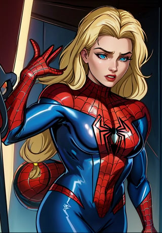 masterpiece, best quality,  spider-man costume, nomask,  felicia hardy, hair over shoulder
