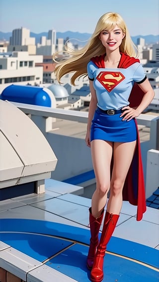 masterpiece, best quality, (realistic, highly detailed), model shoot of supergirl, blonde, [blue eyes], red cape, blue shirt, belt, blue skirt, red knee boot, cute smile, in a rooftop, wind, natural light, lens flare,  lora:supergirl:0.4
,Supergirl  