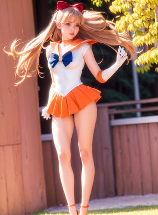 masterpiece, best quality, highres, sv1, sailor senshi uniform, orange skirt, elbow gloves, tiara, orange sailor collar, red bow, orange choker, white gloves, jewelry, full body, senset, wind, field, (1990s \(style\):0.9), sexy, standing, underwear