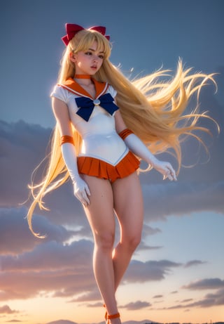 masterpiece, best quality, highres, sv1, sailor senshi uniform, orange skirt, elbow gloves, tiara, orange sailor collar, red bow, orange choker, white gloves, jewelry, full body, senset, wind, field, (1990s \(style\):0.9), sexy, standing, underwear