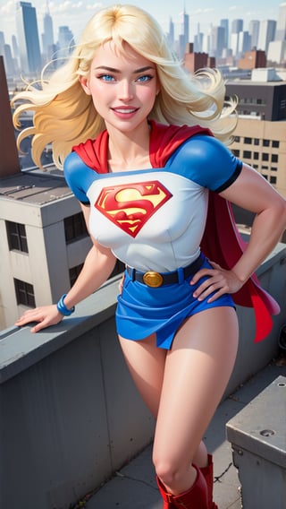 masterpiece, best quality, (realistic, highly detailed), model shoot of supergirl, blonde, [blue eyes], red cape, blue shirt, belt, blue skirt, red knee boot, cute smile, in a rooftop, wind, natural light, lens flare,  lora:supergirl:0.4
,Supergirl  