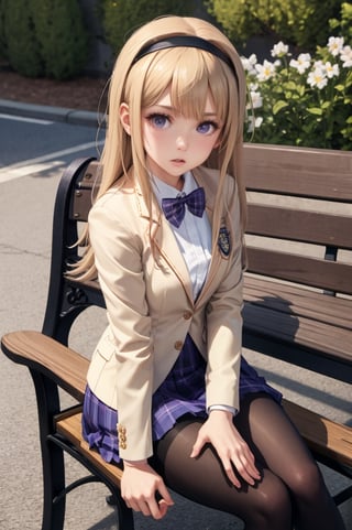 masterpiece, best quality, nishijounanami, hairband, bowtie, yellow blazer, plaid skirt, pantyhose, loafers, sitting, bench, flowers, spring, looking at viewer, surprised lora:nishijounanami-nvwls-v1-000009:0.9
