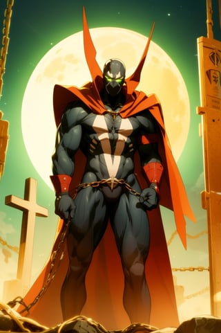 absurdres, highres, (official art, beautiful and aesthetic:1.2), 1 spawn, red cape, glowing green eyes, kneeling, chains, church and cross landscape, night time, moon, upper body, , , , ,  
