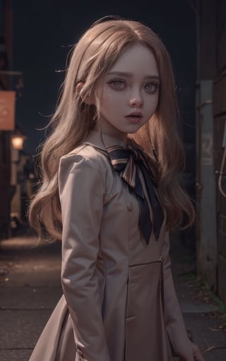 lora:M3GEN:0.65, 
(looking at viewer),(cowboy shot dynamic pose:1.22),
M3GEN/(Robot Girl/), 1girl, solo, long hair, blonde hair, realistic, blurry, grey eyes, bow, photo inset, upper body, bowtie, parted lips, ribbon, lips,
detailed shiny skin,perfect and very white teeth,
Ultra-fine facial detail,eyelashes,Glossy pink lips,
(detailed The dark and terrifying alleys background:1.4),outdoors,(night:1.33),