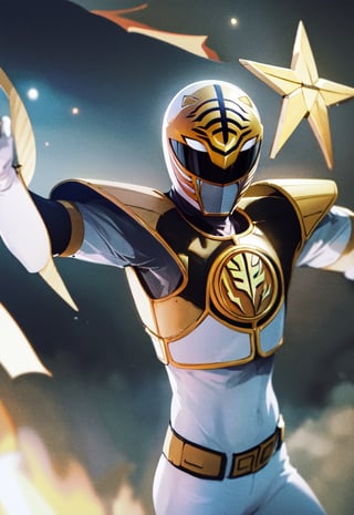 ((masterpiece,best quality)), absurdres,
lora:White_Ranger:0.7, White_Ranger, solo, black breastplate, tokusatsu, detailed helmet and armor, 
stars and space in background, cinematic composition, dynamic pose,