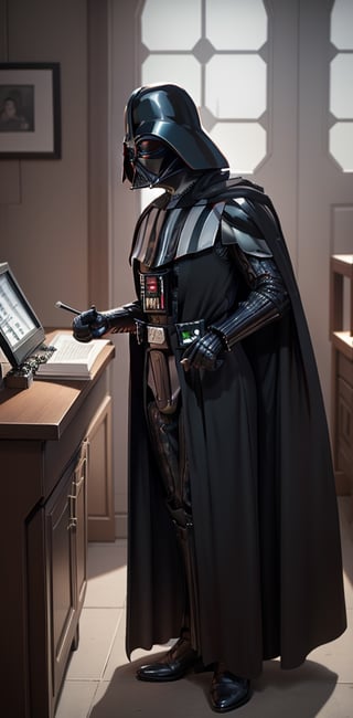 Highly detailed, High Quality, Masterpiece, beautiful, IncrsUnsheathingAKatanaMeme, sheath, holding sheath, , indoors, darth vader, Black_outfit,hood, hood_up, darth vader helmet,cape,armor, shoulder armor, 
