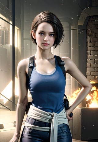 1girl, cowboy shot of zotovalentine, blue tank top, shoulder holster, black skirt, sweater around waist, athletic, old mansion indoors, city, night, neon, rain, fire escape, volumetric lighting, best quality, masterpiece, intricate details, tonemapping, sharp focus, hyper detailed, trending on Artstation, realistic, lora:sxz-jill-valentine-v3:0.6
