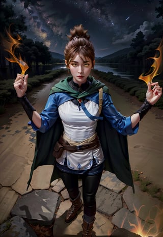 absurdres, high quality, best quality, marci dota2, 1girl, green cape, eye trail, glowing hands,   black pants, boots, standing, looking at viewer,  solo, glowing, cape, pants, breasts, yellow eyes, glowing eyes, brown hair, clenched hands, medium breasts, night,  earth, milky_way, starry, full body
