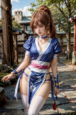 (masterpiece, best quality:1.3), lora:epi_noiseoffset2:1, lora:add_detail:0.7,  lora:KasumiDOA:0.8,KasumiDOA, 1girl, solo, long hair, breasts, brown hair, black hair, thighhighs, brown eyes, medium breasts, standing, ponytail, japanese clothes, choker, white thighhighs, pelvic curtain, arm guards