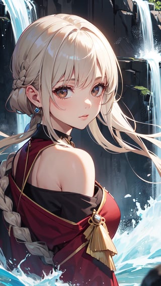 best quality, ultra-detailed, 1girl:1.6, solo,((best quality, high quality, masterpiece, highres)), (masterpiece, best quality) elderly, buoyant, indigenous peoples of the america, dark brown eyes, upswept ears, long nose, chiseled jaw, hollow cheeks, sculpted biceps, nasal septum, silver blonde waterfall braid hair, pity wearing chiffon one-shoulder top
