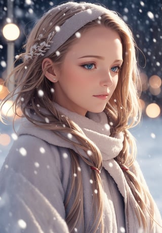 a beautiful woman, looking into camera, hair ribbons,
snowing, winter lights, ,photorealistic