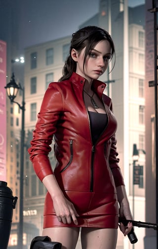 1girl, cowboy shot of claired, (red tight dress), night, city, holding wine glass, red jacket, volumetric lighting, athletic, best quality, masterpiece, intricate details, tonemapping, sharp focus, hyper detailed, trending on Artstation, lora:sxz-claired-new:0.6,
,claired