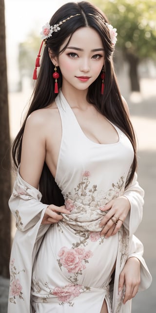 (beauty hair,ostentatious hair accessories,gorgeous hair accessories,light smile:1.15), (|||||||),(sexy hanfu clothes,slim waist:1.47),1girl,light smile,happy,((((upper body,real face photo,outdoor background,background blur)))),big eyes,analog style,physically-based rendering,ultra-detailed,professional lighting, photon mapping,(outdoor,bokeh),(RAW photo, best quality, masterpiece:1.3), (realistic, photo-realistic:1.3),detailed facial features,slim girl,tassel, innocent, bangs,(pureerosface_v1:0.55) ,(ulzzang-6500-v1.1:0.75),(flower_style:0.05),,(bridal hairstyle:1.15),(looking at viewer,close in viewer:1.7),small breasts,ear ring,hair bow,hair ring,bare shoulders, bare abdomen,cleavage,cosplay style,bikini style hanfu with miniskirt, see-through style,slim girl,(long hair,ostentatious hair accessories,gorgeous hair accessories:1.5),
