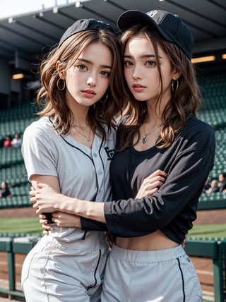 2girl, twin sisters, closed hug, 22 years old koren woman,
necklaces and earrings,
baseball cap,
glossy brown short hair,
a tight baseball uniform
a half-body shot,
Baseball stadium background,
natural lighting on one's face, 
tamannah bhatia,hf_Alexandra_Nagy-20,Detailedface,Detailedeyes,hug