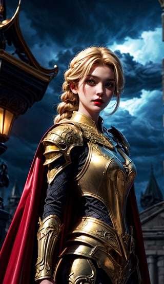 solo, portrait of paladin lady in ornate armor, red lips, pauldrons, frills, cape, blonde hair, braid, glowing halo, night, particles, royal castle background, bokeh, yellow lightning, storm, dark clouds