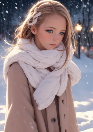 a beautiful woman, looking into camera, hair ribbons,
snowing, winter lights, ,photorealistic