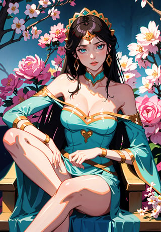 mirana, 1girl, skinny, slim figure, holding knees, upper body portrait, thin waist, solo, black hair, cleavage, bare feet, sitting, bid detailed eyes, magical forest with flowers, evening, best quality, (masterpiece), realistic, 8k illustration,  lora:Miranav0.1:0.4
