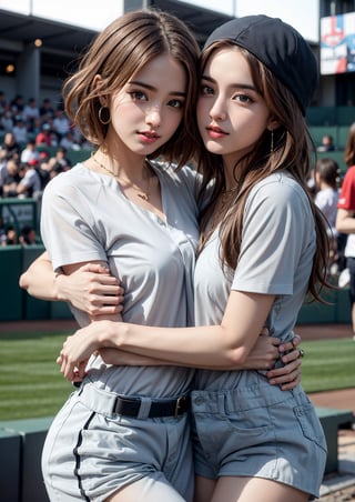 2girl, twin sisters, closed hug, 22 years old koren woman,
necklaces and earrings,
baseball cap,
glossy brown short hair,
a tight baseball uniform
a half-body shot,
Baseball stadium background,
natural lighting on one's face, 
tamannah bhatia,hf_Alexandra_Nagy-20,Detailedface,Detailedeyes,hug