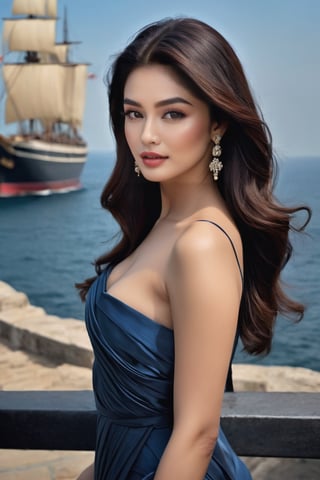 Aishwarya Rai Indian actress, seductive Masterpiece, Best Quality, (Anime: 1.8), The Woman, ((Latin Style)), ((Long Black Hair)), ((Black Eyes)), ((GYoun-jung)), satin saree , Darkwear ((saree , ((Lieutenant)), ((Techwear)), sky-blue and violet Fashion Style,Posing next to a ship in the shadows, highly detailed portrait, digital painting, concept art sharp, soft focus illustration, Artstation HQ, 8K Ultra HD portrait full body sexy