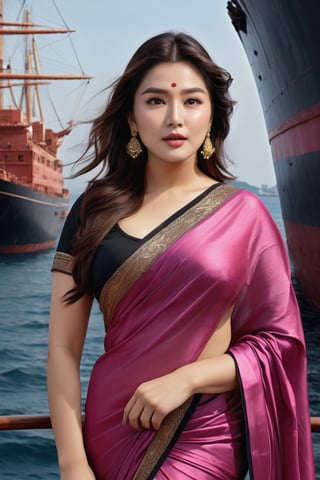 Hansika motwani Indian actress, seductive Masterpiece, Best Quality, (Anime: 1.8), The Woman, ((Latin Style)), ((Long Black Hair)), ((Black Eyes)), ((GYoun-jung)), satin saree , Darkwear ((saree , ((Lieutenant)), ((Techwear)), maroon and pink Fashion Style,Posing next to a ship in the shadows, highly detailed portrait, digital painting, concept art sharp, soft focus illustration, Artstation HQ, 8K Ultra HD portrait full body sexy