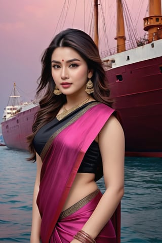 Hansika motwani Indian actress, seductive Masterpiece, Best Quality, (Anime: 1.8), The Woman, ((Latin Style)), ((Long Black Hair)), ((Black Eyes)), ((GYoun-jung)), satin saree , Darkwear ((saree , ((Lieutenant)), ((Techwear)), maroon and pink Fashion Style,Posing next to a ship in the shadows, highly detailed portrait, digital painting, concept art sharp, soft focus illustration, Artstation HQ, 8K Ultra HD portrait full body sexy