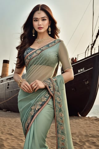 Aishwarya Rai Indian actress, seductive Masterpiece, Best Quality, (Anime: 1.8), The Woman, ((Latin Style)), ((Long Black Hair)), ((Black Eyes)), ((GYoun-jung)), satin saree , Darkwear ((saree , ((Lieutenant)), ((Techwear)),violet Fashion Style,Posing next to a ship in the shadows, highly detailed portrait, digital painting, concept art sharp, soft focus illustration, Artstation HQ, 8K Ultra HD portrait full body sexy