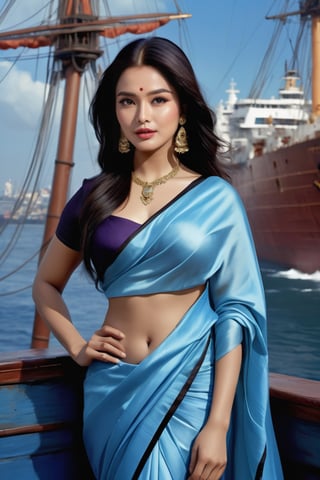 Aishwarya Rai Indian actress, seductive Masterpiece, Best Quality, (Anime: 1.8), The Woman, ((Latin Style)), ((Long Black Hair)), ((Black Eyes)), ((GYoun-jung)), satin saree , Darkwear ((saree , ((Lieutenant)), ((Techwear)), sky-blue and violet Fashion Style,Posing next to a ship in the shadows, highly detailed portrait, digital painting, concept art sharp, soft focus illustration, Artstation HQ, 8K Ultra HD portrait full body sexy