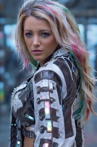 ultra highly intricate detailed 8k, UHD, professional photo,Beautiful cyborg, cowboy girl ,Transparent vinyl jacket, multicolored hair, cyber,  punk town,
,blake lively