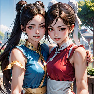 pictures of 2 beautiful girls, chun li and shiranui mai, looking at viewer, smiling, hug, cute pose, outside, blue sky, extreme detail, masterpiece, beautiful quality, ,brown eyes, shiranui mai, chun li