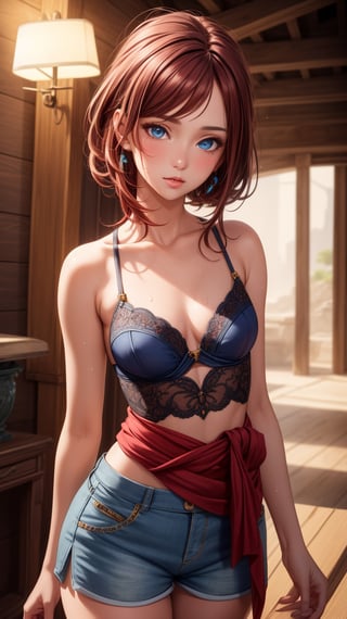 (masterpiece, best quality), intricate details, medium breast, small waist, dark red hair, blue eyes, beautiful face, perfect illumination, beautiful detailed eyes,looking at viewer, stunningly beautiful woman, detailed hairstyle, detailed background,shorts, detailed fantasy background, (sweat:1)
