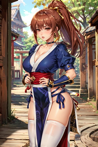 (masterpiece, best quality:1.3), lora:KasumiDOA:0.8,
KasumiDOA, 1girl, solo, long hair, breasts, brown hair, black hair, thighhighs, brown eyes, medium breasts, standing, ponytail, japanese clothes, choker, white thighhighs, pelvic curtain, arm guards
