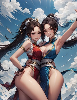 pictures of 2 beautiful girls, 2girl, multiple girls, chun li and shiranui mai, looking at viewer, smiling, hug, cute pose, outside, blue sky, extreme detail, masterpiece, beautiful quality, shiranui mai, BREAK chun li,bzhw