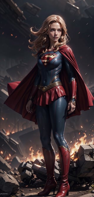 One super female,in superman outfit, mini skirts, red high boots, red_eyes, glowing eyes:1.4, blonde hair:1.3, extreme long hair, straight_hair, run down hair, supergirl suit, serious look, masterpiece, best quality, ultra detailed, (detailed background), perfect shading, high contrast, best illumination, extremely detailed, ray tracing, realistic lighting effects, neon noir illustration, perfect generated hands, ((full-body_portrait)), (black lipstick), black eyeliner, black eye shadow:1.3, pale skin:1.4, black fingernails, black cape, fur cape & long. Background fire-around, rocks, ruins, rain-fire, lightning in the distance.,wearing supergirl_cosplay_outfit