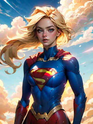 nijistyle, cowboy shot of supergirl, blonde hair, cape, particles, clouds, sky, lora:sxz-style-niji:1