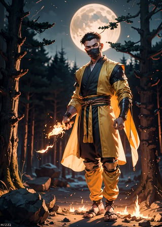 zbzr,man, ninja, yellow robes, loin cloth, looking at viewer, full body shot, outside, fire, flamming trees, night, extreme detail, masterpiece,  ,mkscorpion