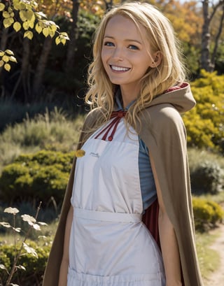 girl, blonde hair, blue eyes, hood, red dress, apron,capelet, looking at viewer, smiling, grin,medium shot, 
standing, outside, forest, autumn, dirt path, natural lighting, extreme detail, masterpiece,  lora:bbh:.8
