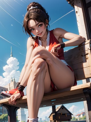sfchunli, looking at viewer, smiling, cute pose, 
sitting, on bench, crossing legs, from_below, outside, blue sky, extreme detail, masterpiece, beautiful quality, brown eyes