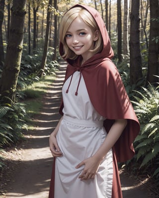 girl, blonde hair, blue eyes, hood, red dress, apron,capelet, looking at viewer, smiling, grin,medium shot, 
standing, outside, forest, autumn, dirt path, natural lighting, extreme detail, masterpiece,  lora:bbh:.8
