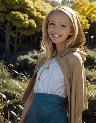 girl, blonde hair, blue eyes, hood, red dress, apron,capelet, looking at viewer, smiling, grin,medium shot, 
standing, outside, forest, autumn, dirt path, natural lighting, extreme detail, masterpiece,  lora:bbh:.8
