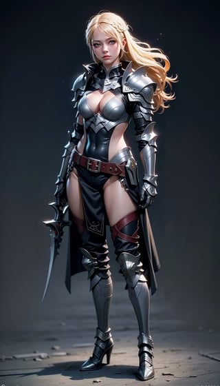 1girl, solo, realistic, looking at viewer, black_knight, full body , armor, long blonde hair, lora:Adventurers_v20:0.7
