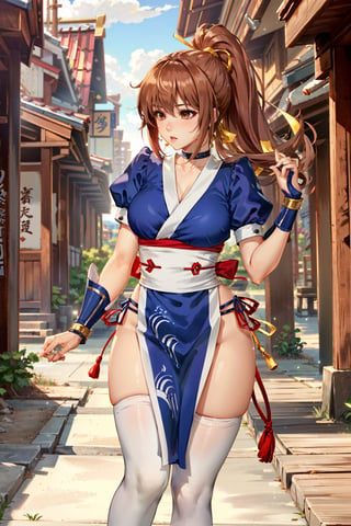 (masterpiece, best quality:1.3), lora:KasumiDOA:0.8,
KasumiDOA, 1girl, solo, long hair, breasts, brown hair, black hair, thighhighs, brown eyes, medium breasts, standing, ponytail, japanese clothes, choker, white thighhighs, pelvic curtain, arm guards
