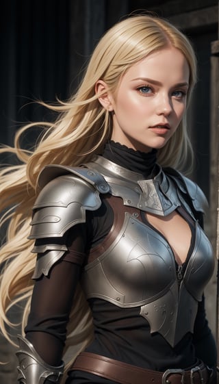 1girl, solo, realistic, looking at viewer, rogue, portrait , armor, long blonde hair, lora:Adventurers_v20:0.7
