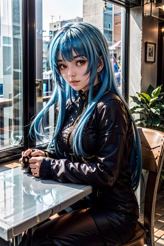(masterpiece, best quality:1.3)   KOFKula, 1girl, solo, blue hair, bangs, cafe terrace, morning, peaceful and serene with soft morning sunlight