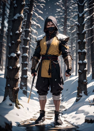 zbzr,man, ninja, yellow robes, loin cloth, looking at viewer, full body shot, outside, snow, snowing, trees, night, extreme detail, masterpiece,  ,mkscorpion