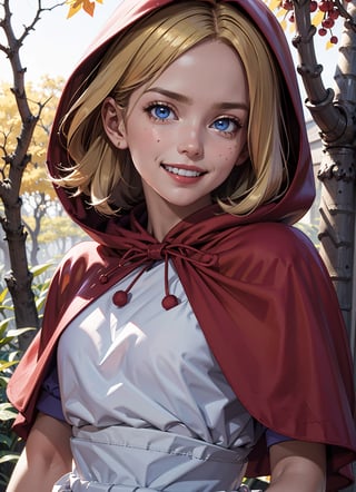 girl, blonde hair, blue eyes, hood, red dress, apron,capelet, looking at viewer, evil grin, close up, outside, forest, autumn, natural lighting, extreme detail, masterpiece, lora:bbh:.8
,1girl